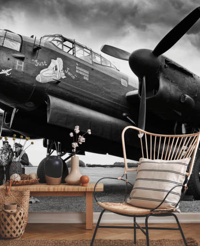 black and white RAF wallpaper mural called Avro Lancaster and Crew for offices, living rooms and businesses