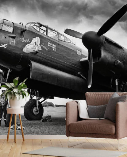 black and white RAF wallpaper mural called Avro Lancaster and Crew for offices, living rooms and businesses