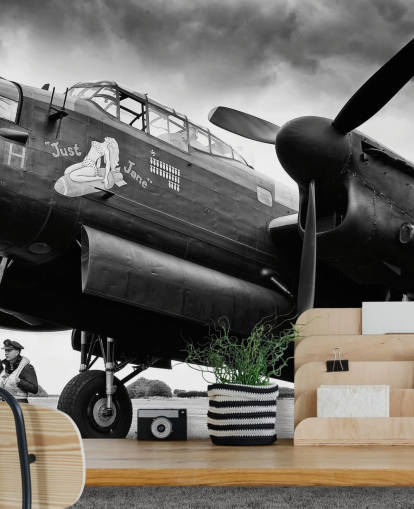 mural de papel de parede RAF preto e branco chamado Avro Lancaster and Crew para escritórios, salas de estar e empresas