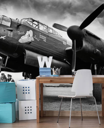carta da parati murale RAF in bianco e nero chiamata Avro Lancaster and Crew per uffici, salotti e aziende carta da parati murale RAF in bianco e nero chiamata Avro Lancaster and Crew per uffici, salotti e aziende