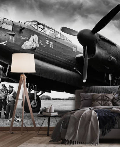mural de papel de parede RAF preto e branco chamado Avro Lancaster and Crew para escritórios, salas de estar e empresas