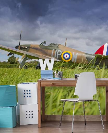 Vliegtuig in veld behang Vliegtuig in veld behang