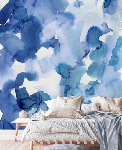 Papel pintado Acuarela de puntos azules y blancos