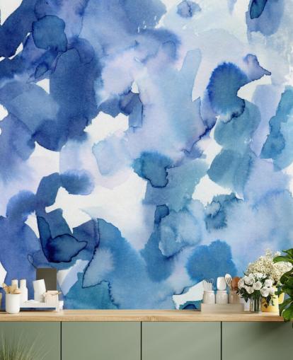 Papel pintado Acuarela de puntos azules y blancos