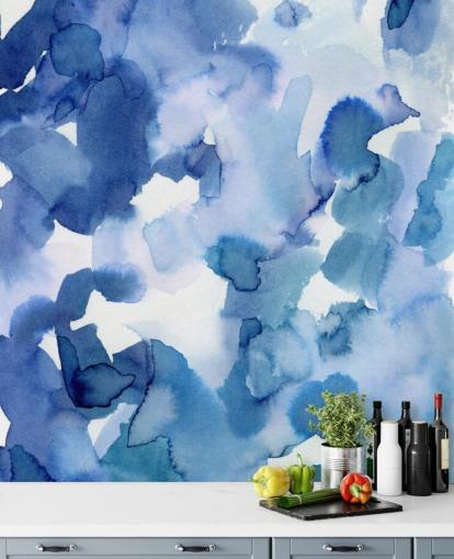 Papel pintado Acuarela de puntos azules y blancos