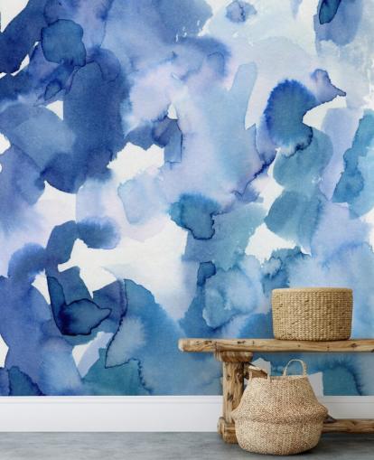 Blauwe en witte stippen aquarel behang