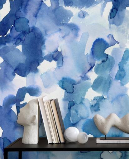 Papel pintado Acuarela de puntos azules y blancos