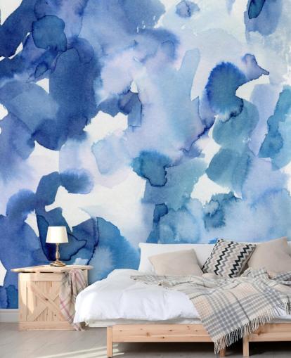 Blauwe en witte stippen aquarel behang