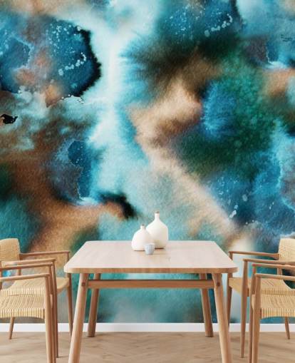 Blauw en bruin aquarel behang