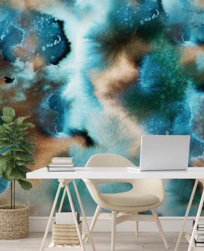 Blauw en bruin aquarel behang