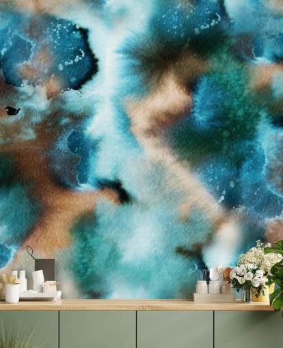 Blauw en bruin aquarel behang