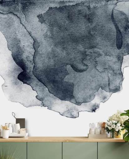 carta da parati murale ad acquerello in bianco e nero chiamata Charcoal Swirl Watercolour per camere da letto, salotti e cucine