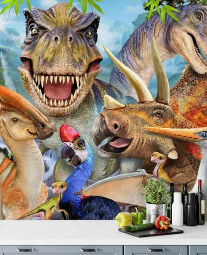 Dinosaurussen Selfie Muurschildering Dinosaurussen Selfie Muurschildering