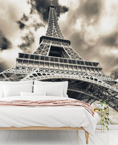 Fondo de pantalla de vista en blanco y negro de la Torre Eiffel desde abajo