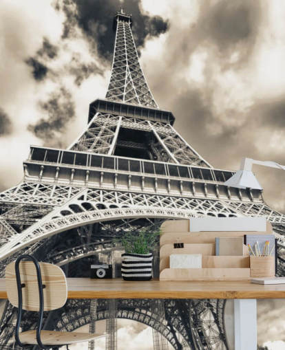 Mustavalkoinen näkymä Eiffel-tornista alla olevasta taustakuvasta