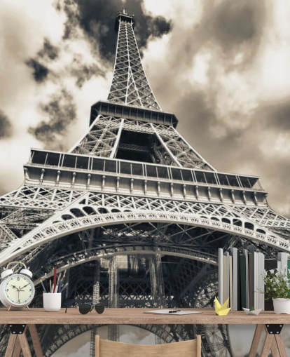 Black and White View of Eiffel Tower from Below Wallpaper