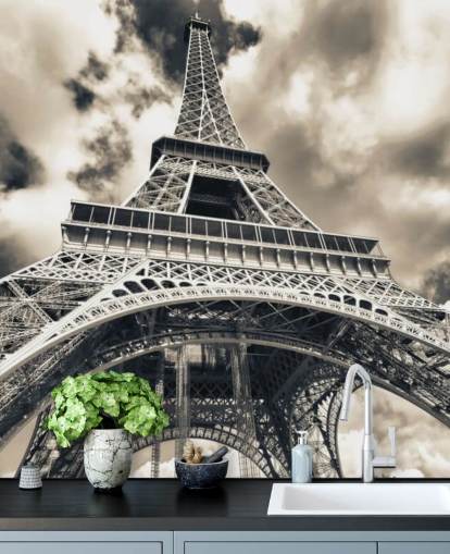 Papier Peint Vue en Noir et Blanc de la Tour Eiffel