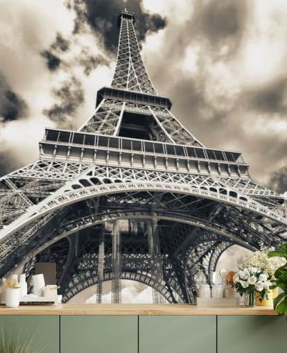 Black and White View of Eiffel Tower from Below Wallpaper