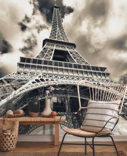 Black and White View of Eiffel Tower from Below Wallpaper