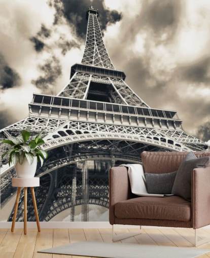 Black and White View of Eiffel Tower from Below Wallpaper
