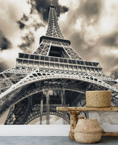 Fondo de pantalla de vista en blanco y negro de la Torre Eiffel desde abajo