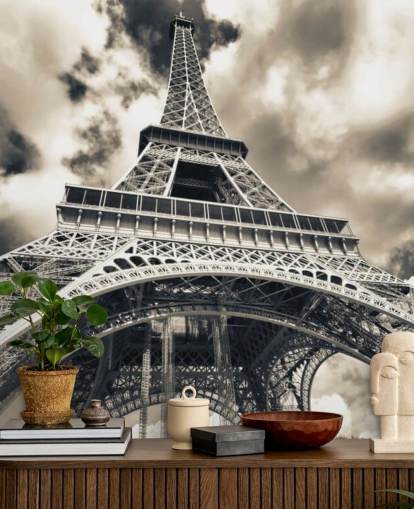 Fondo de pantalla de vista en blanco y negro de la Torre Eiffel desde abajo Fondo de pantalla de vista en blanco y negro de la Torre Eiffel desde abajo