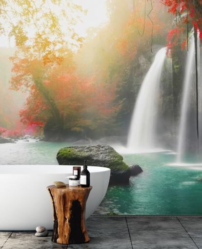 red leafed trees and misty waterfall wallpaper