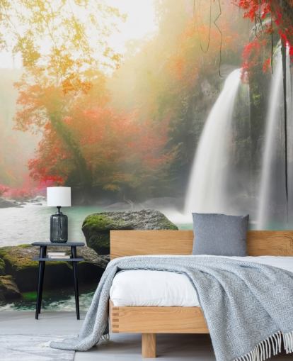 red leafed trees and misty waterfall wallpaper