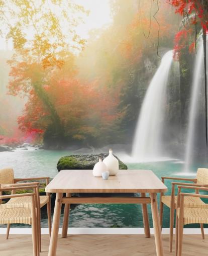 red leafed trees and misty waterfall wallpaper