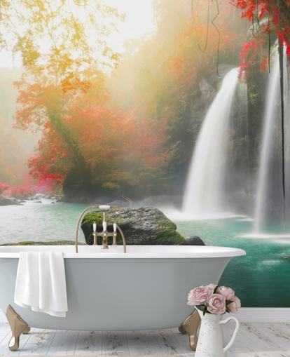 røde bladtrær og tåkete foss tapet