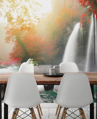 red leafed trees and misty waterfall wallpaper