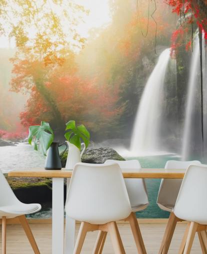 red leafed trees and misty waterfall wallpaper