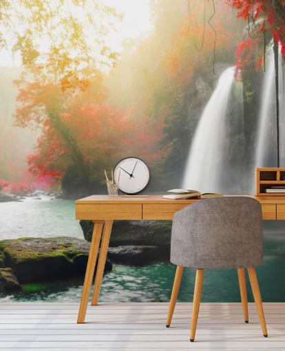 red leafed trees and misty waterfall wallpaper