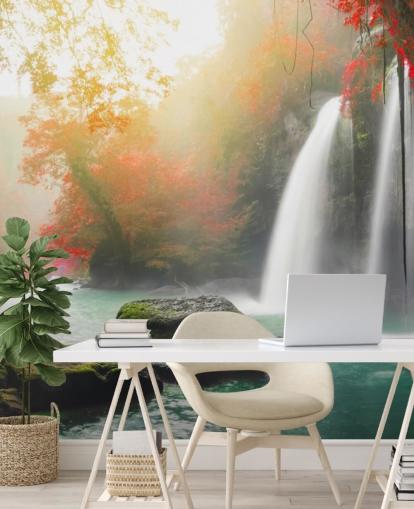 red leafed trees and misty waterfall wallpaper red leafed trees and misty waterfall wallpaper