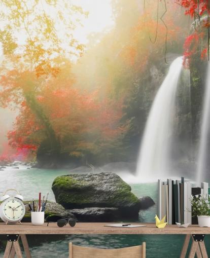 árvores de folhas vermelhas e papel de parede de cachoeira nebulosa árvores de folhas vermelhas e papel de parede de cachoeira nebulosa