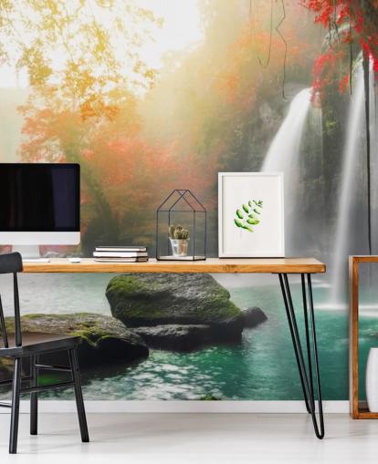 red leafed trees and misty waterfall wallpaper