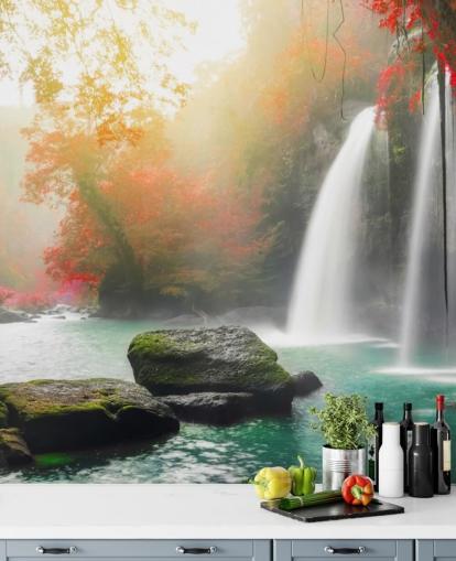 red leafed trees and misty waterfall wallpaper