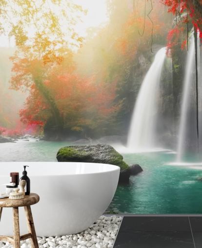 red leafed trees and misty waterfall wallpaper