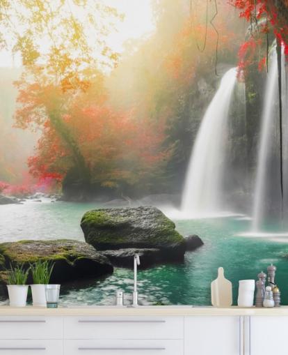 red leafed trees and misty waterfall wallpaper