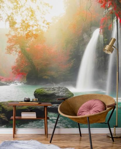 red leafed trees and misty waterfall wallpaper