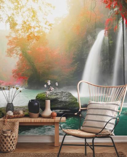 red leafed trees and misty waterfall wallpaper