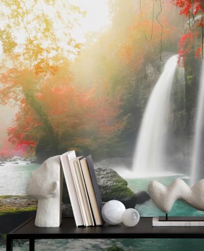 red leafed trees and misty waterfall wallpaper