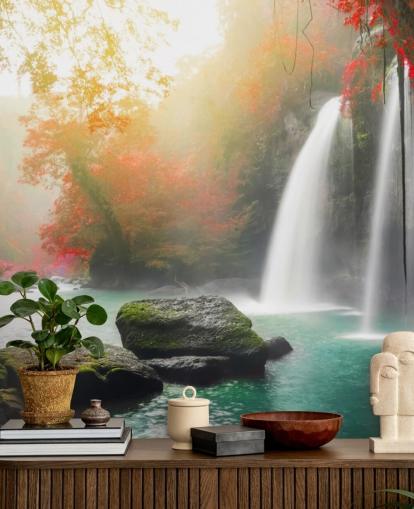 árvores de folhas vermelhas e papel de parede de cachoeira nebulosa árvores de folhas vermelhas e papel de parede de cachoeira nebulosa