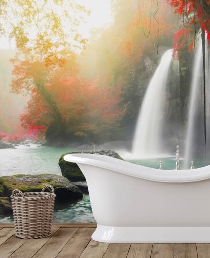 red leafed trees and misty waterfall wallpaper