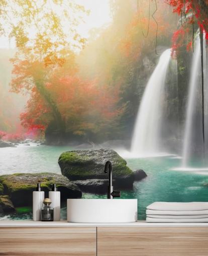 carta da parati con alberi a foglia rossa e cascata nebbiosa carta da parati con alberi a foglia rossa e cascata nebbiosa