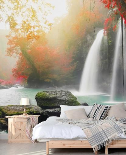 red leafed trees and misty waterfall wallpaper