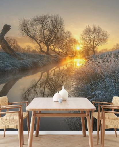 Sunset Frosty River Muurschildering Sunset Frosty River Muurschildering