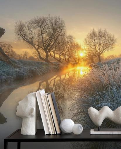 Sunset Frosty River Muurschildering