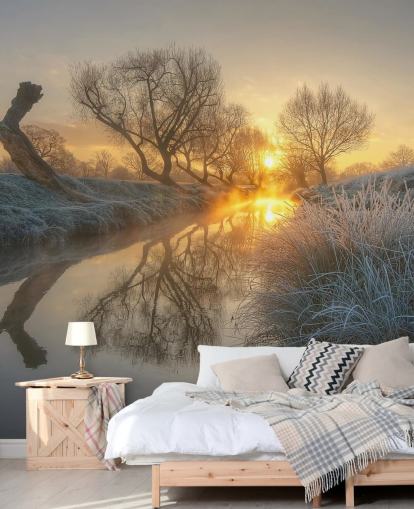 Solnedgang Frosty Elv Veggmaleri