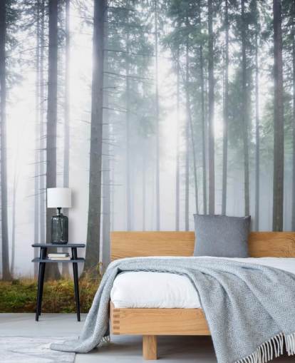 mural de papel pintado de bosque brumoso llamado Morning Forest Mist para dormitorio, sala de estar u oficina mural de papel pintado de bosque brumoso llamado Morning Forest Mist para dormitorio, sala de estar u oficina